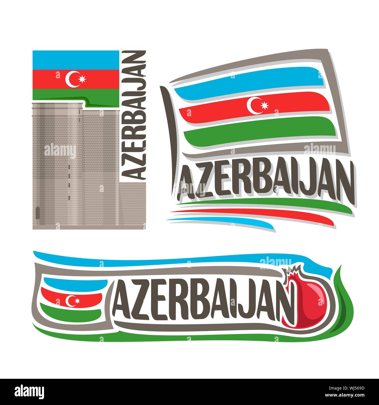 Vektor logo für Aserbaidschan, 3 isolierte Illustrationen: Maiden Tower in Baku am Hintergrund der nationalen State Flag, Symbol der Aserbaidschan Architektur und Stock Vektor
