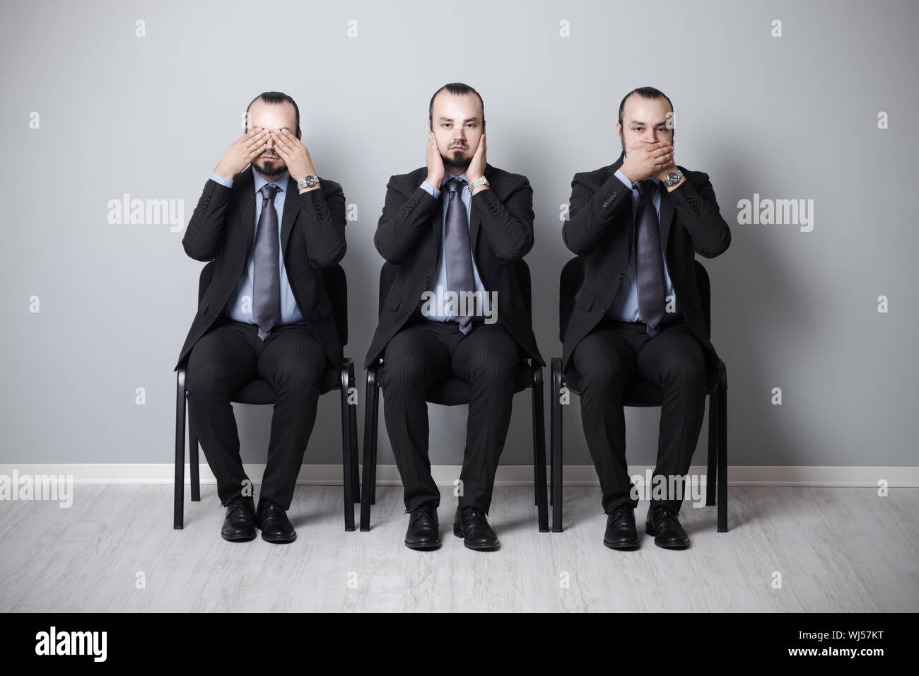 drei Weise Geschäftsmann, die sie hören, sprechen und sehen nicht. Stockfoto