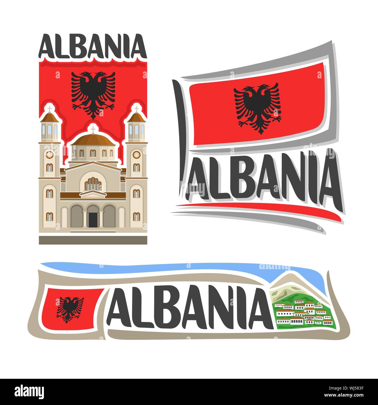 Vektor logo für Albanien, 3 isolierte Illustrationen: Saint Demetrius Orthodoxe Kathedrale in Berat, national State Flag, Symbol der Republik Albanien arc Stock Vektor
