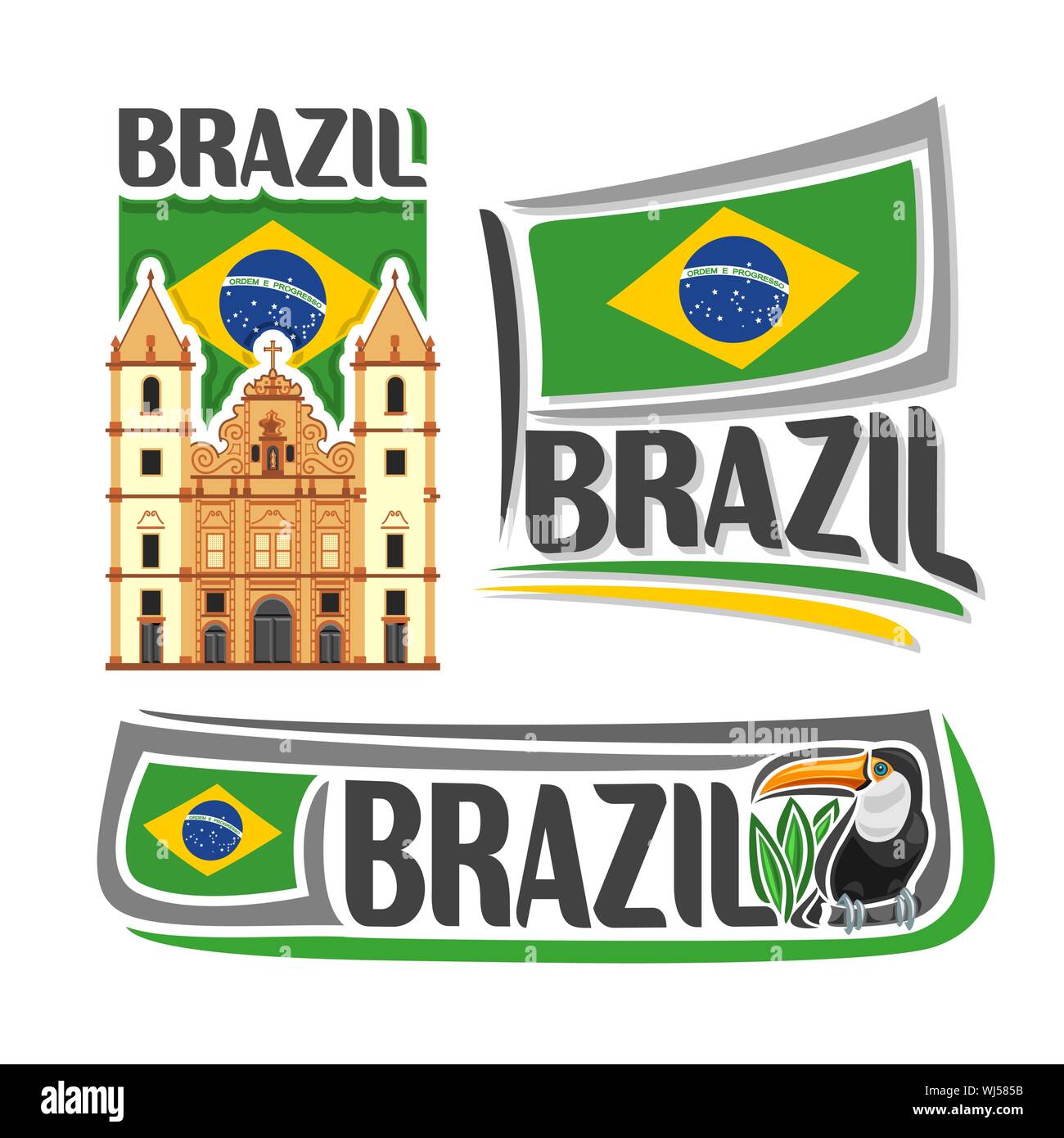 Vektor logo für Brasilien, 3 isolierte Illustrationen: Kirche des Hl. Franziskus in Salvador Bahia auf dem Hintergrund der staatlichen Flagge, brasilianische Flagge von Fe Stock Vektor