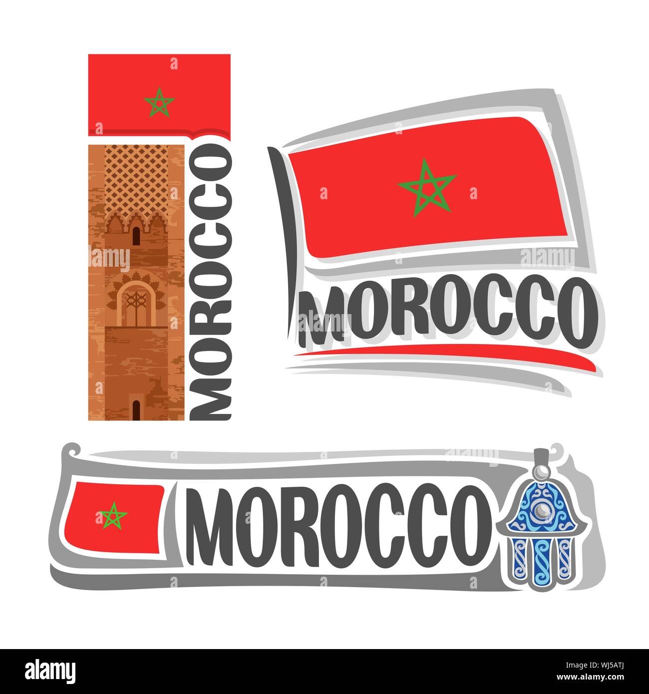 Vektor logo für Marokko, 3 isolierte Images: alte Wahrzeichen Hassan Turm in Rabat auf dem Hintergrund der staatlichen Flagge und die Hand von Fatima Amulett. Stock Vektor