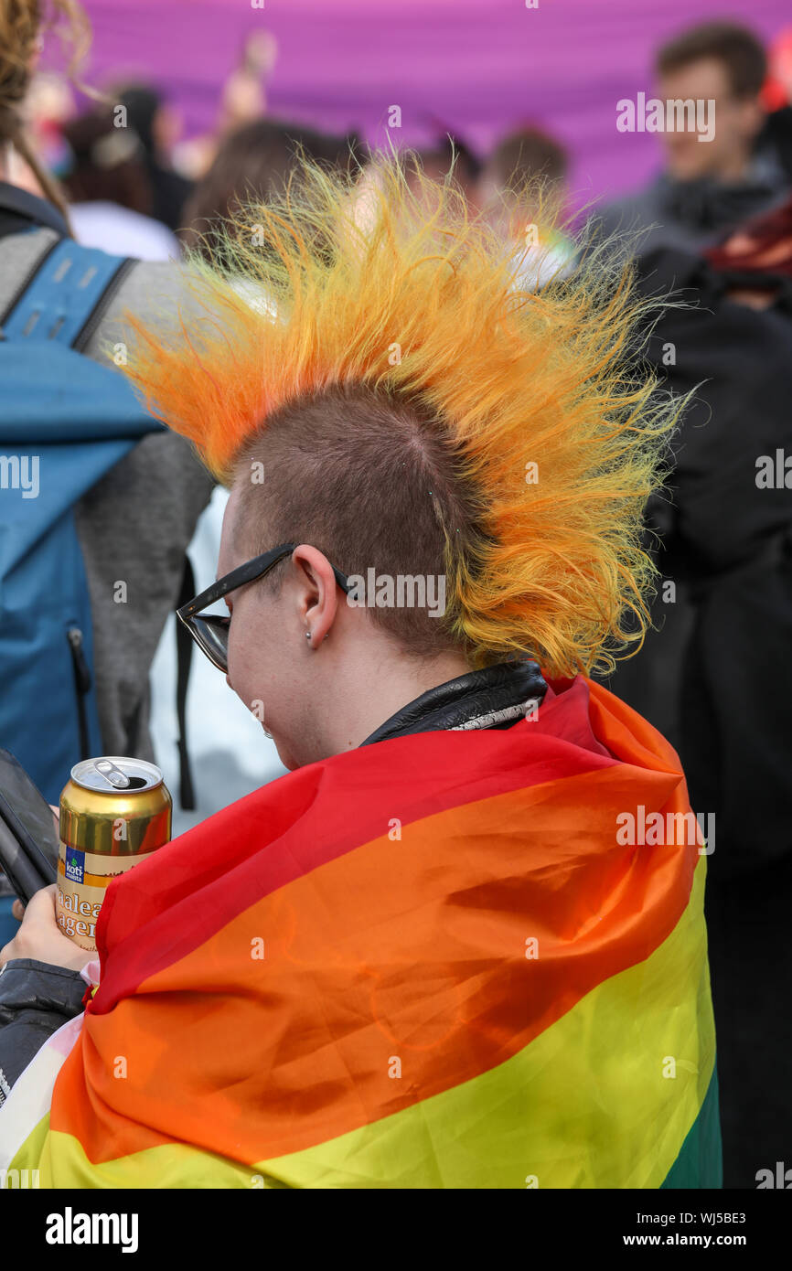 Person mit Mohawk Haarschnitt und Regenbogen Flagge in Helsinki Pride 2019 nach - Partei in Kaivopuisto Park Stockfoto