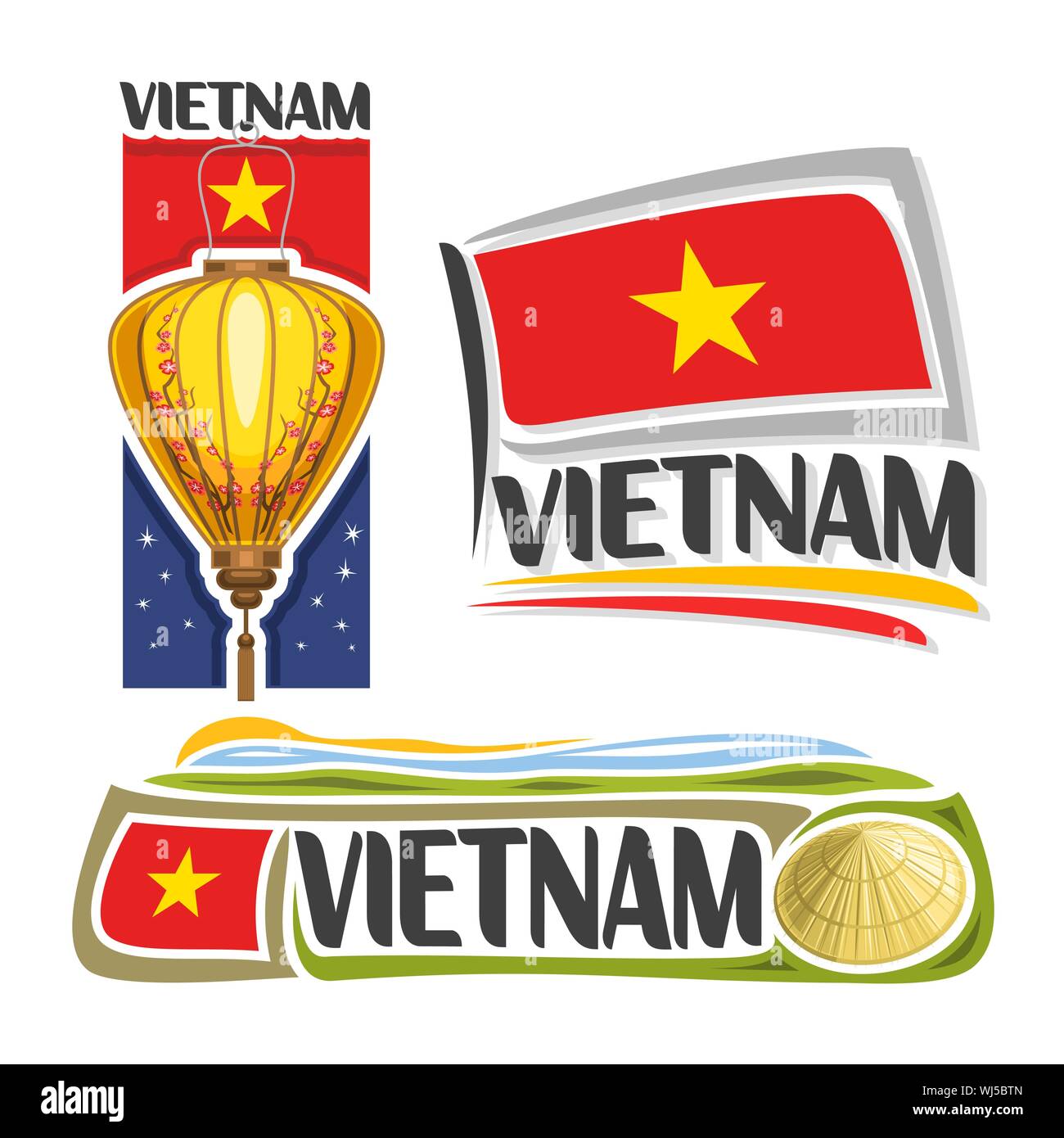 Vektor logo für Vietnam, 3 isolierte Images: vertikale Banner mit traditionellen Papier Laterne mit Pflaume auf dem Hintergrund der vietnamesischen nationalen stat Stock Vektor
