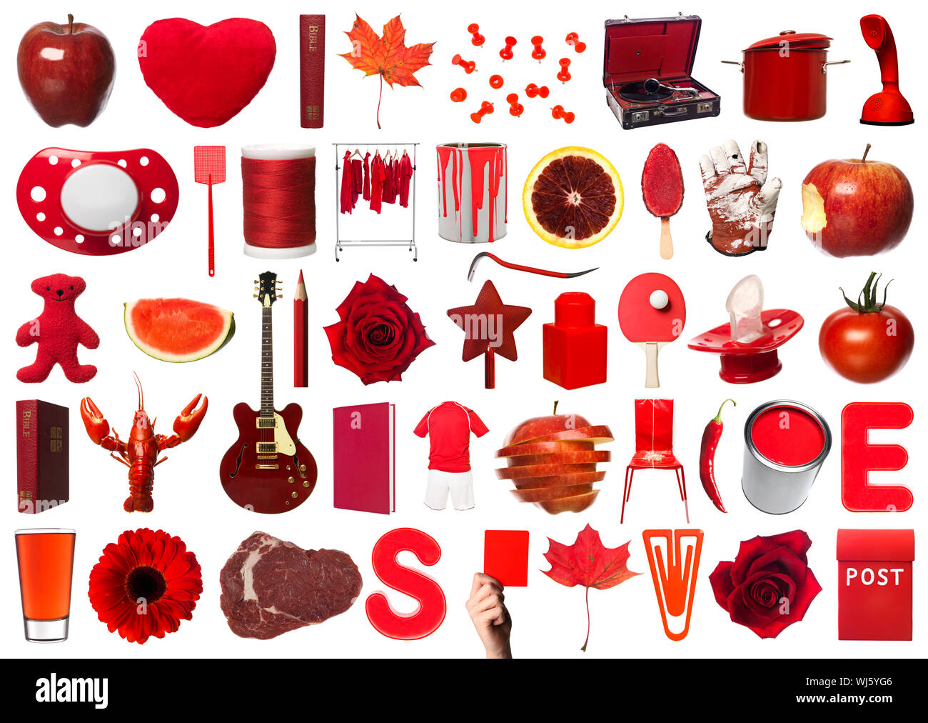 Collage der Rote Objekte auf weißem Hintergrund Stockfotografie