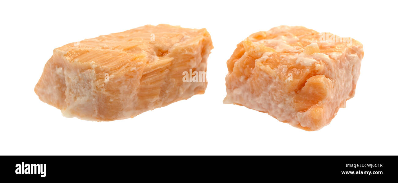 Zwei Stücke von Lachs in Dosen auf einem weißen Hintergrund. Stockfoto