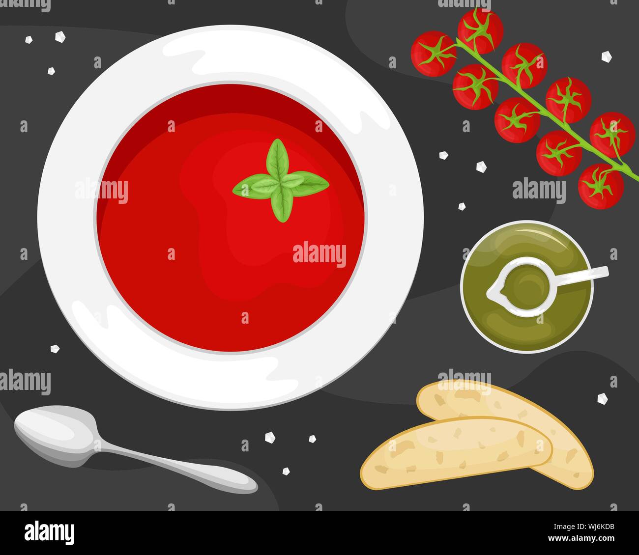 Gazpacho Suppe in einer Platte mit Scheiben Ciabatta, Olivenöl und Tomaten. Flach. Flache Vector Illustration. Stock Vektor