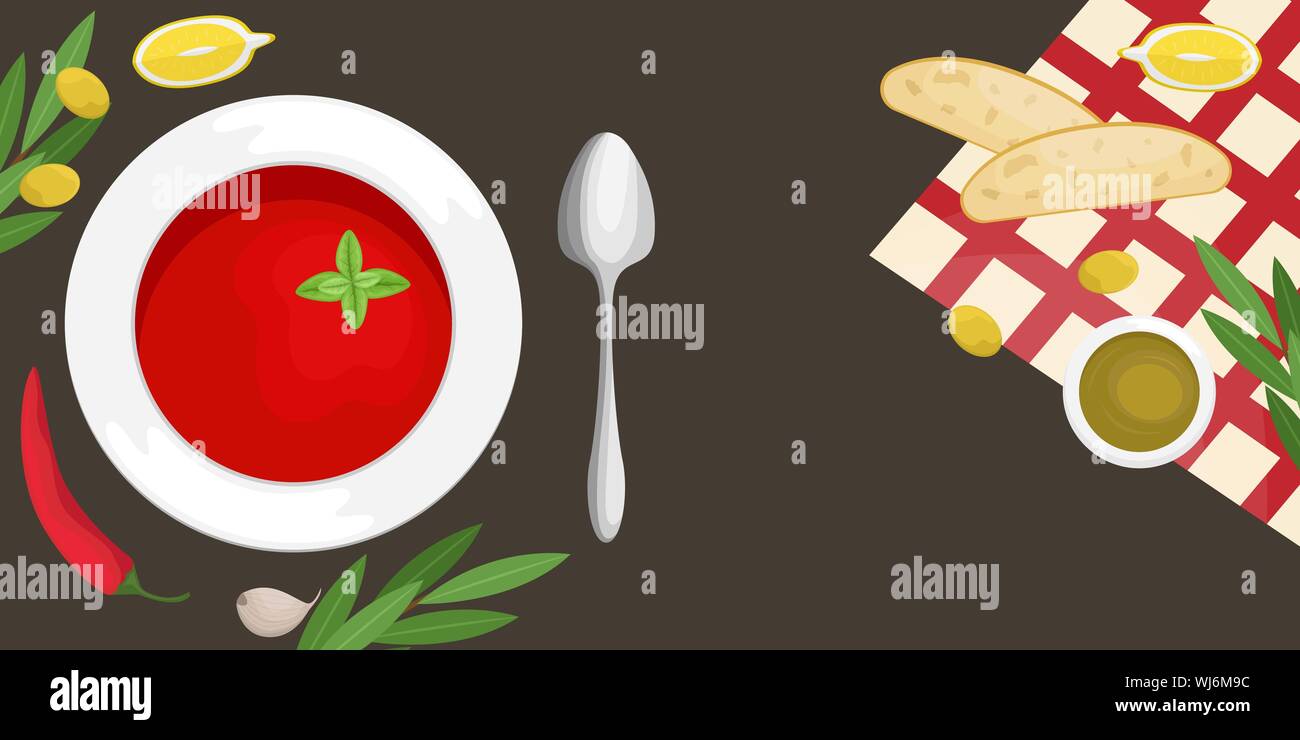 Gazpacho Suppe in einer Platte mit Scheiben Ciabatta, Chili, Olivenöl und Oliven, Tomaten. Flach. Flache Vector Illustration. Stock Vektor