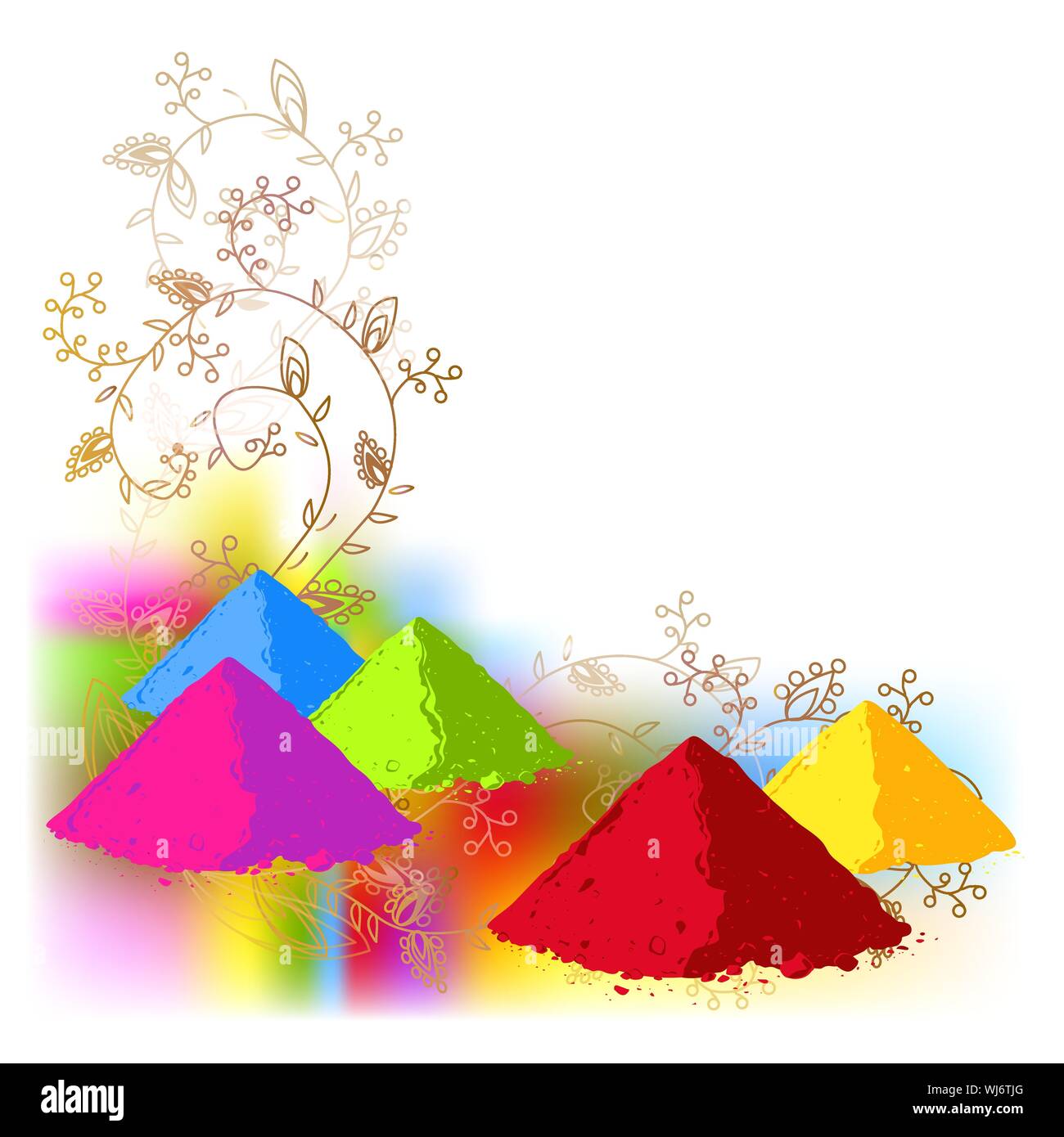 Vektor Poster, Banner oder Flyer Design für Holi Fest Party Feier, indische Festivals. Bunte Farben in Pulverform und abstraktes Ornament Hintergrund. Stock Vektor