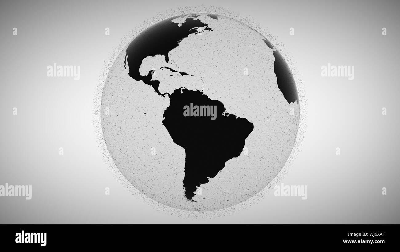 3d-animation blurry Schwarz blinkende Punkte Surround rotierende Schwarze und Weiße Planet Earth Globus Modell inrensively in grauen Hintergrund. Motion Grafik. Weltraum müll Konzept. Sputnik Gruppen. Stockfoto