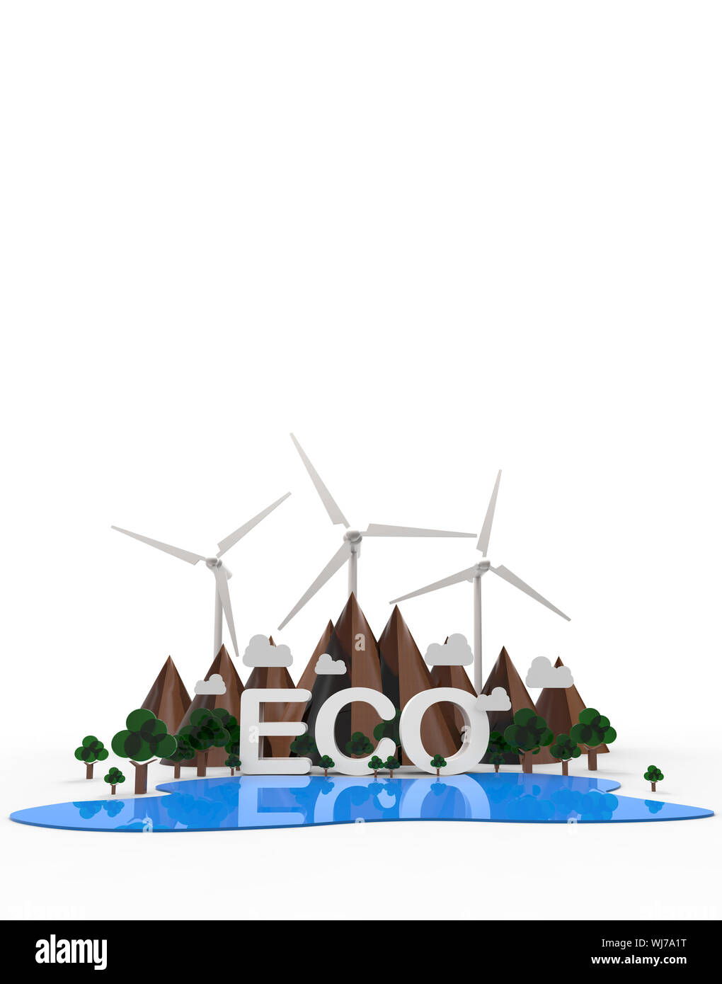 ECO Natur Landschaft. Berg, Turbine, Baum. Erneuerbare Energie auf weißem Hintergrund. 3D-Darstellung. Stockfoto