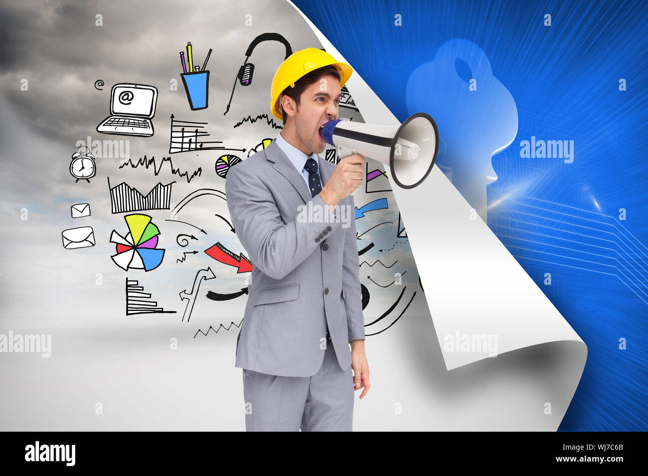 Zusammengesetztes Bild des jungen Architekten mit einem Megaphon schreien Stockfoto