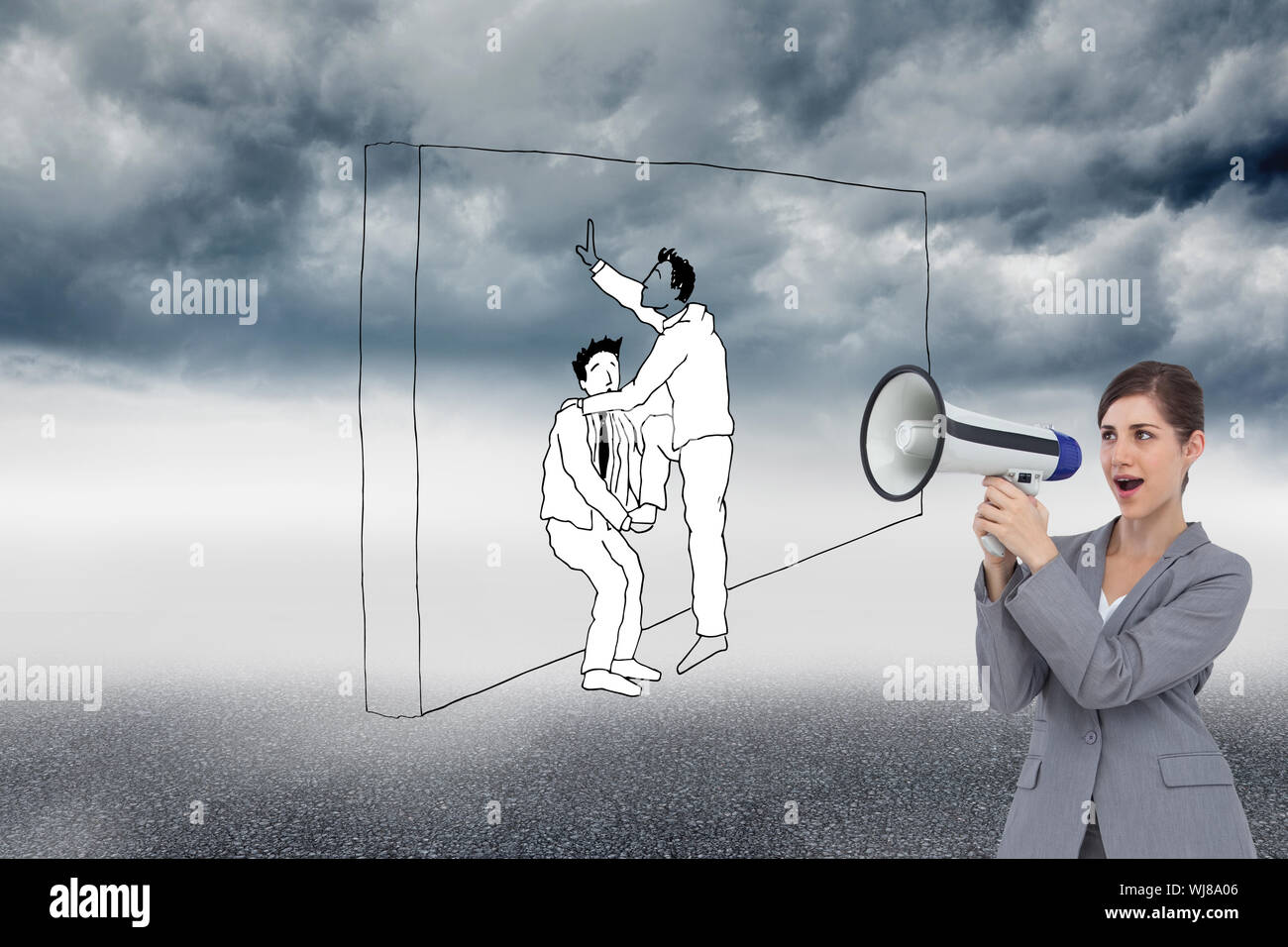 Zusammengesetztes Bild der Geschäftsfrau mit Lautsprecher Stockfoto
