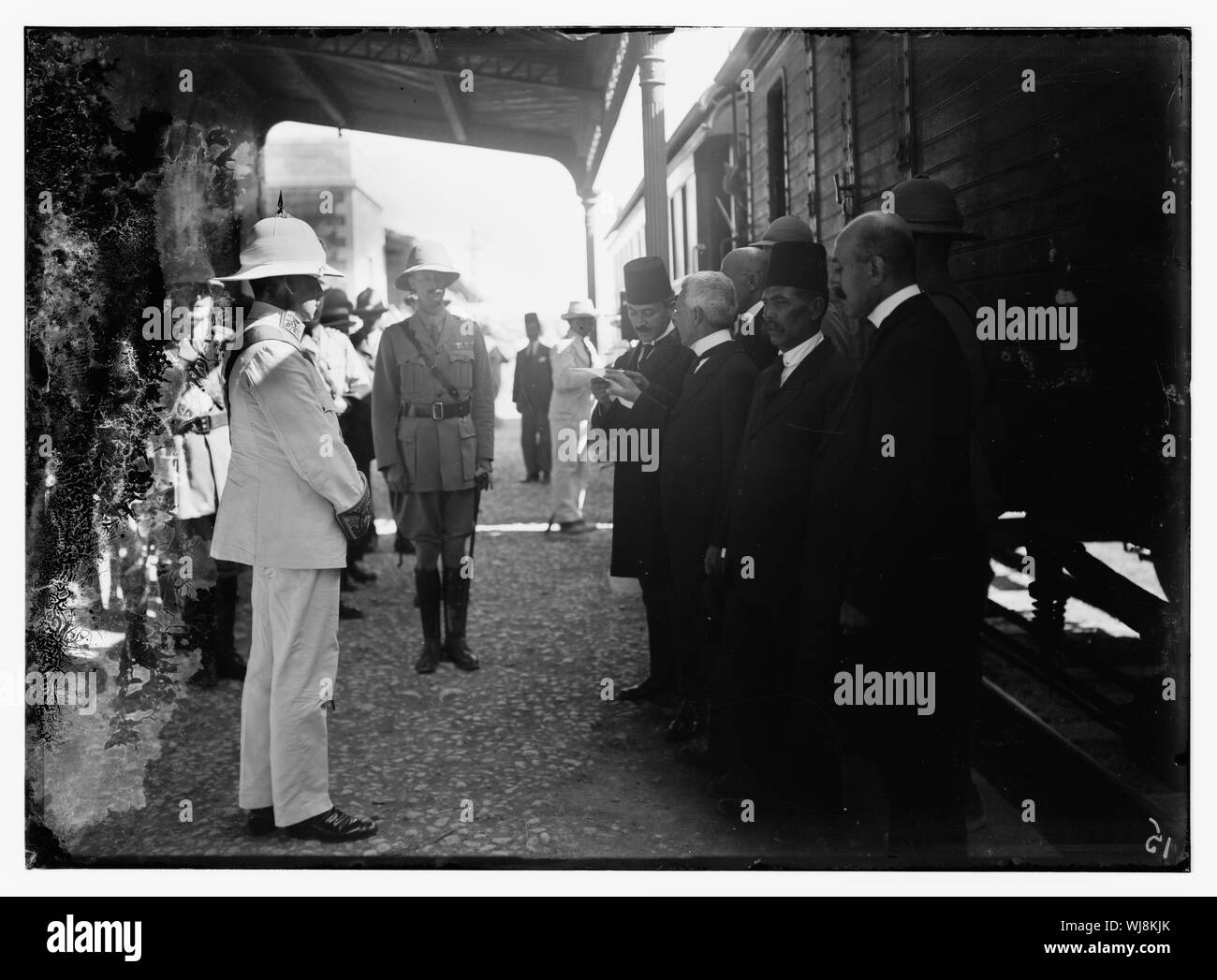 H.S. h, Herbert Samuel Rezeption von RR Sta. d. h., Bahnhof 7. Juli? Stockfoto