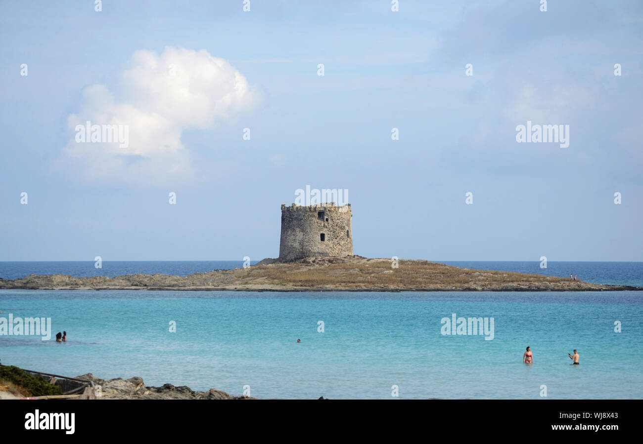 Stintino, Italien, Sardinien, August 08, 2019, die wenigen Touristen, die in der klaren, türkisfarbenen Wasser von La Pelosa Strand am frühen Morgen baden mit der Stockfoto