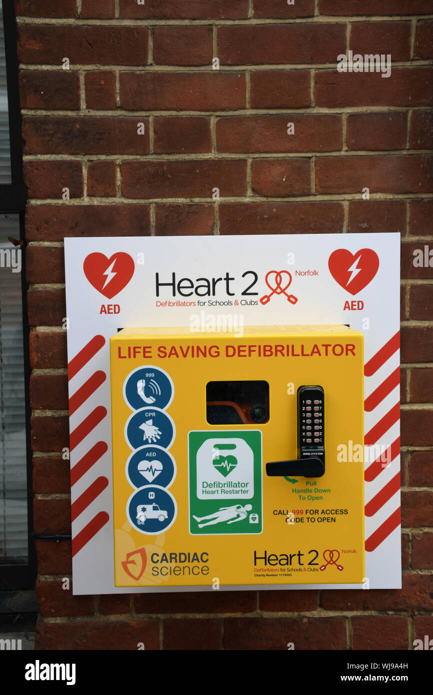 Defibrillator, Norwich UK Aug 2019 Stockfoto