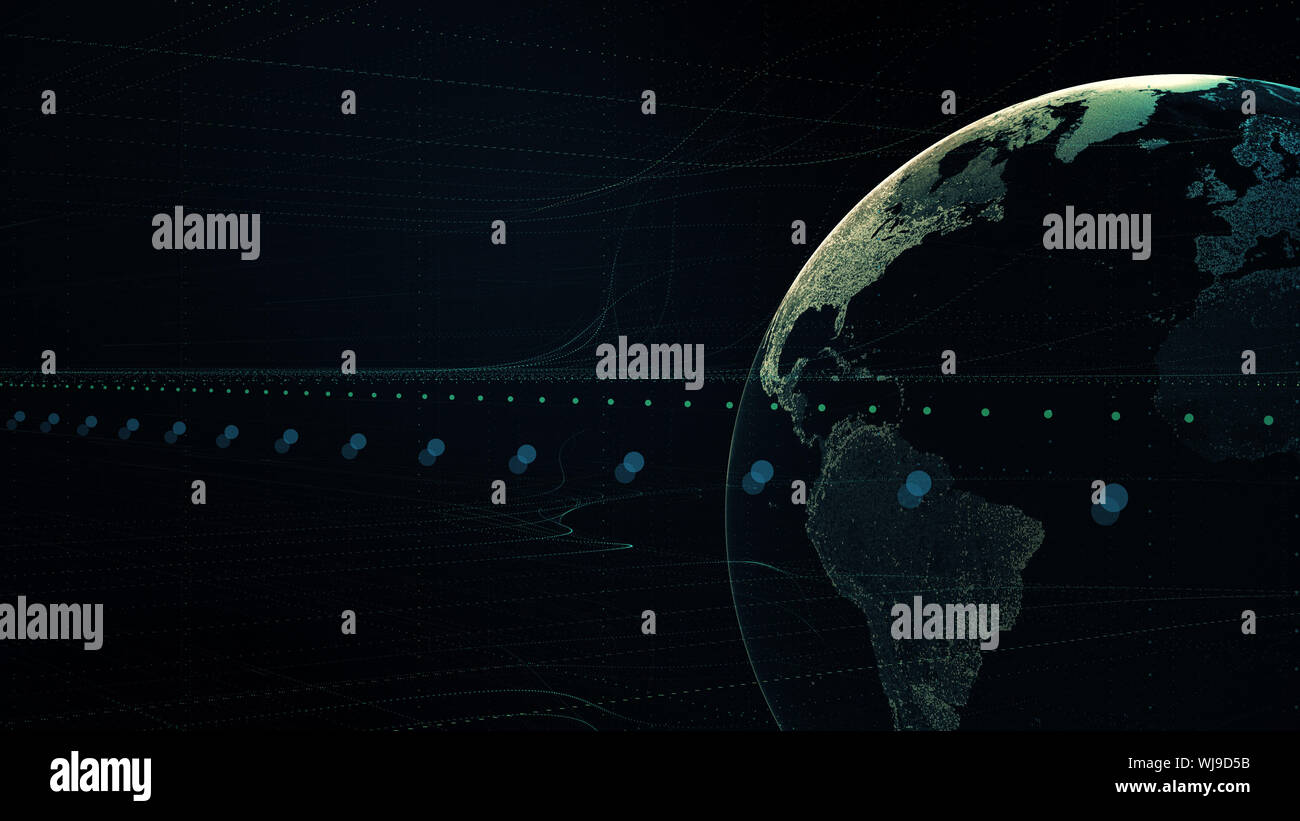 Linien verbindung um die Erde Globus, futuristische Technologie abstrakte Darstellung der digitalen Welt mit Lichteffekt, 3D-Darstellung Stockfoto