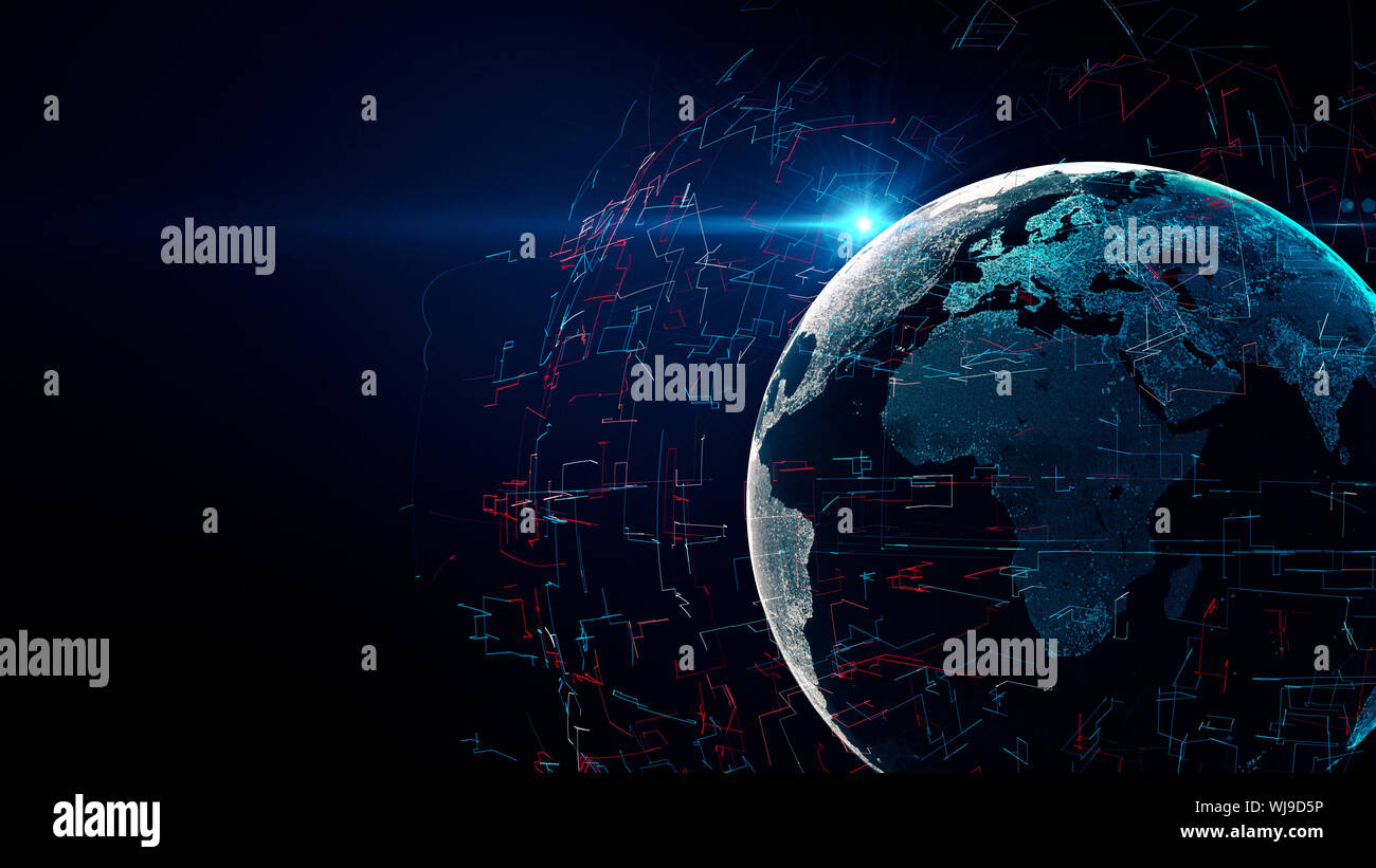 Linien verbindung um die Erde Globus, futuristische Technologie abstrakte Darstellung der digitalen Welt mit Lichteffekt, 3D-Darstellung Stockfoto