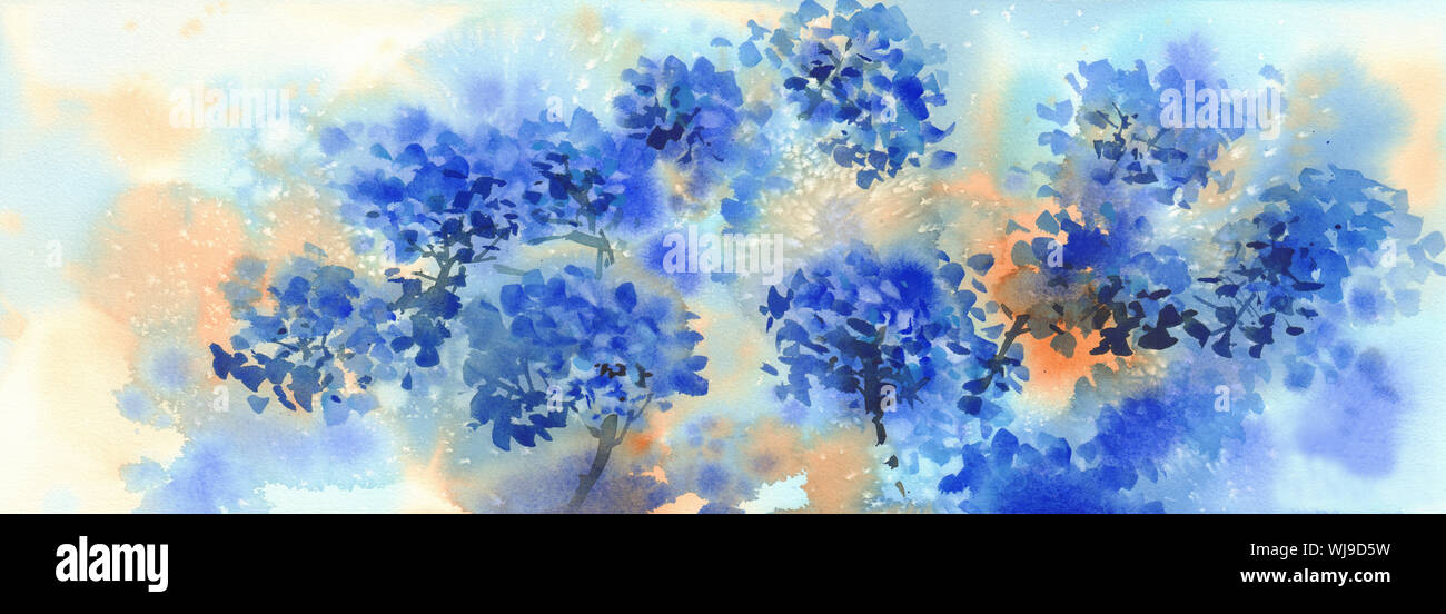 Ein Bouquet von blauen Blüten, Hortensien aquarell Abbildung. Herbst Blumen Hintergrund Stockfoto