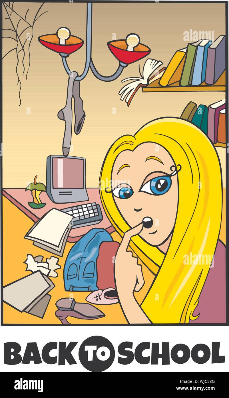 Cartoon Illustration von Elementaren oder jugendlich Alter Mädchen Charakter und Chaos in ihrem Zimmer mit Zurück in die Schule anmelden Stock Vektor