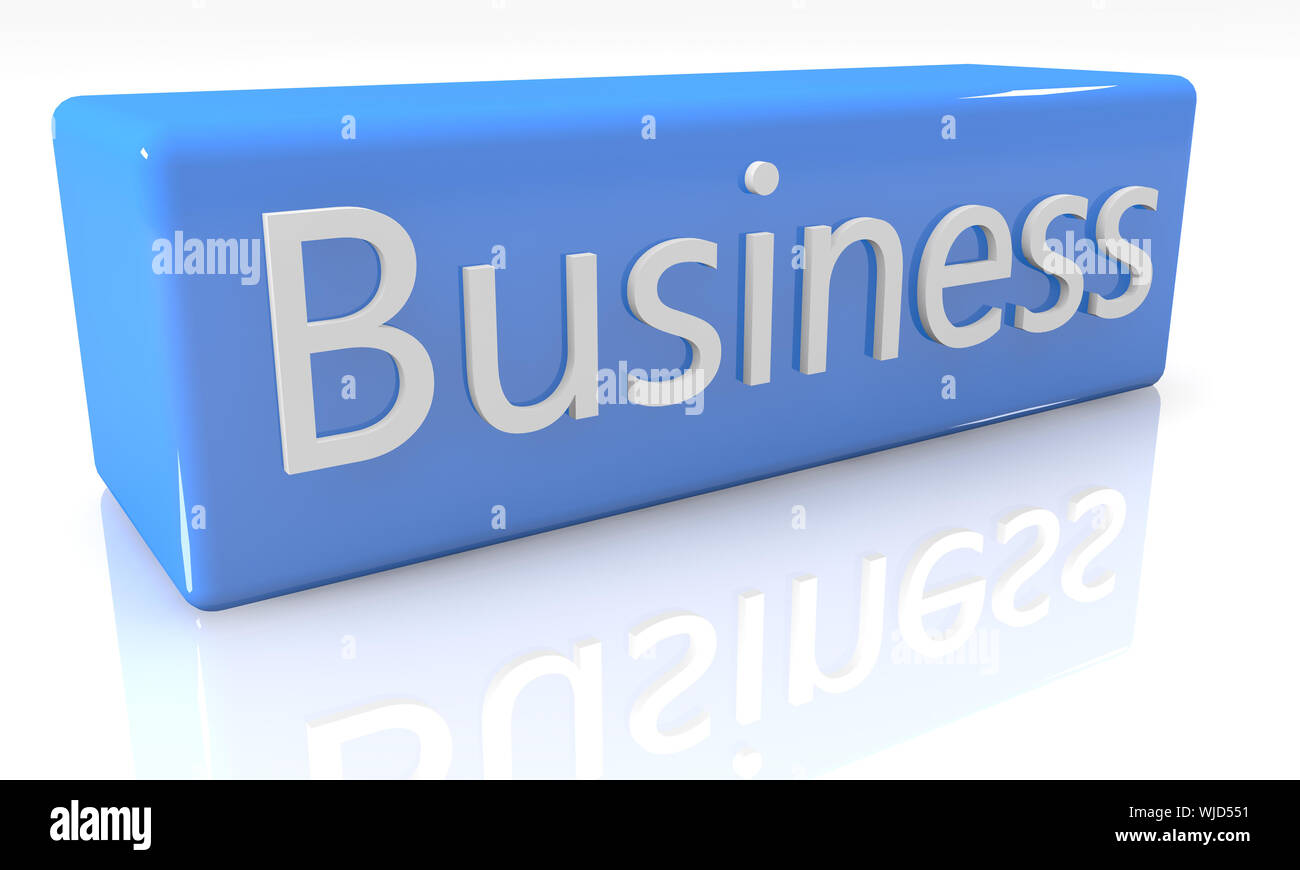 3D-Render blue box mit Text auf es auf weißem Hintergrund mit Reflektion Stockfoto