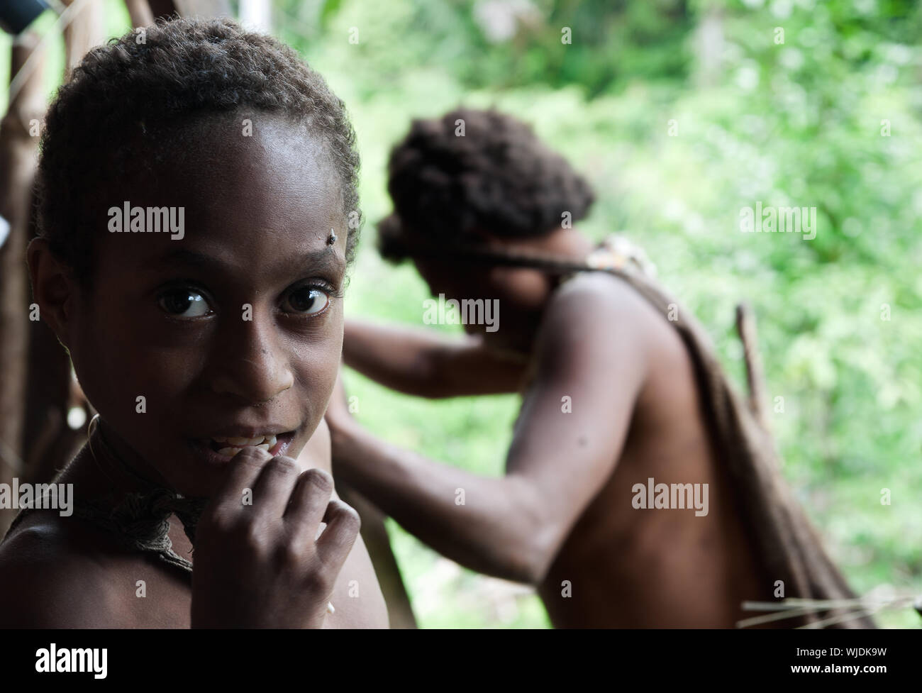 Indonesien, Neuguinea, in Irian Jaya, ONNI DORF - 24. Juni: Portrait von Korowai Mädchen in der traditionellen Holzhaus auf einem Baum gebaut. Neuguinea Insel Stockfoto