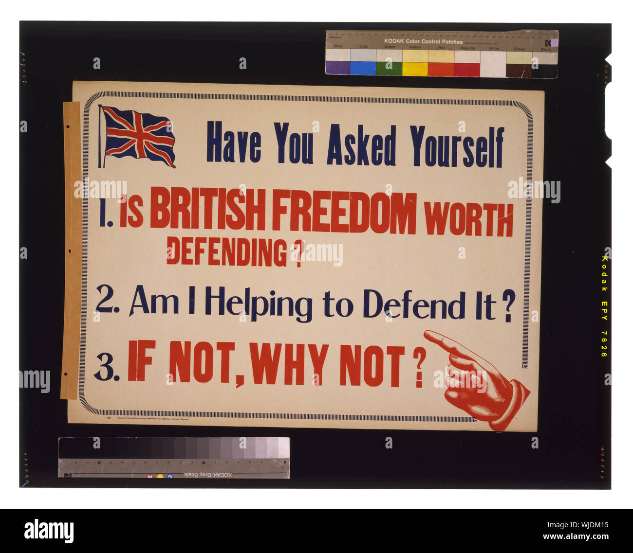 Haben sie sich gefragt 1. Britische Freiheit ist es wert ist, verteidigt? 2. Bin ich helfen es zu verteidigen? 3. Wenn nicht, warum nicht? Stockfoto