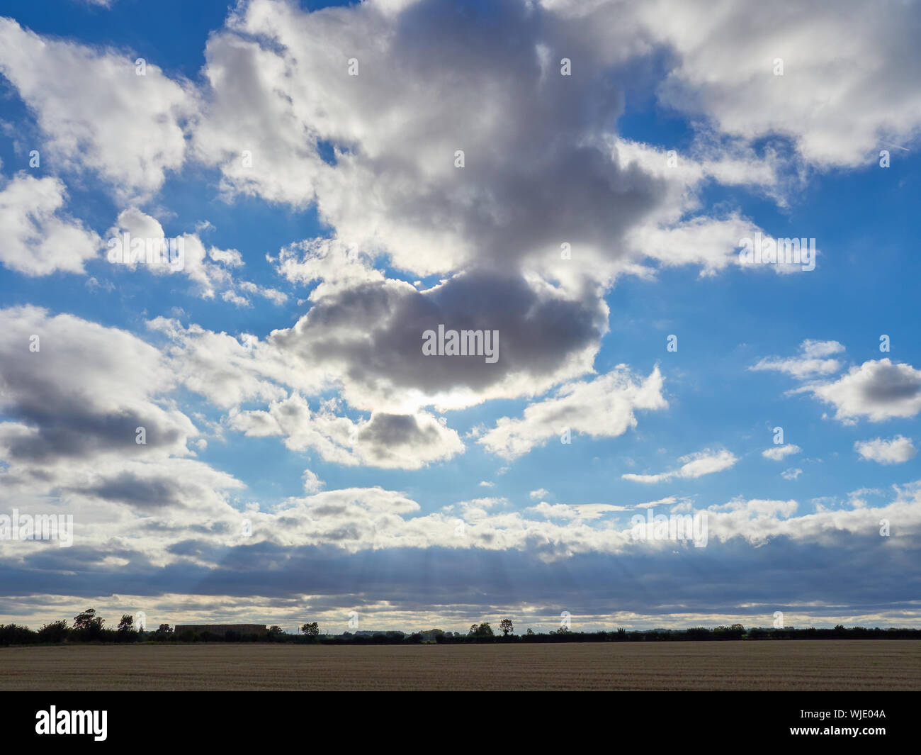 Cumulus Wolken gegen eine helle blaue Hintergrundbeleuchtung Sommer Abend Himmel mit Sonnenstrahlen auch bekannt als Sonnenstrahl scheint durch unten Stockfoto