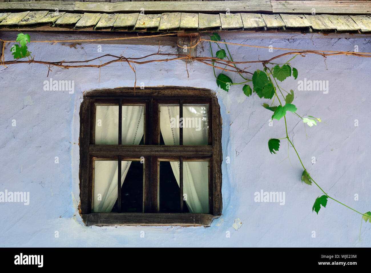 Fenster von einem traditionellen Bauernhaus von Sebesu de Jos, Sibiu County. ASTRA Museum der traditionellen Folk Zivilisation, ein Freilichtmuseum außerhalb Sibiu, Tra Stockfoto