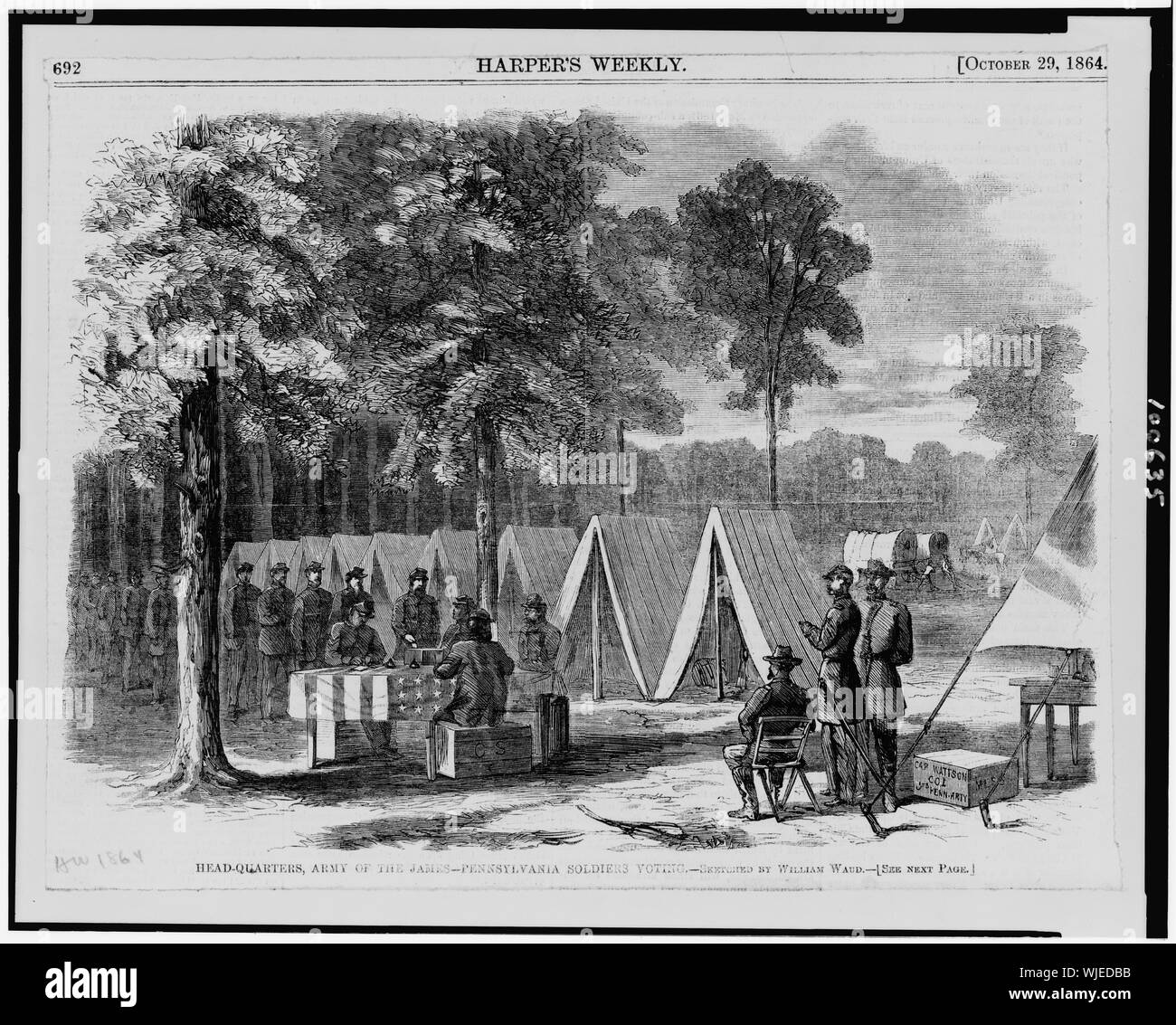 Hauptsitz, Armee der James - Pennsylvania Soldaten Stimmen/skizziert von William Waud. Stockfoto