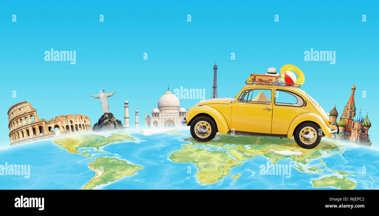 Gelbe Auto reisen in der ganzen Welt. Weltberühmte Sehenswürdigkeiten im Hintergrund. Stockfoto