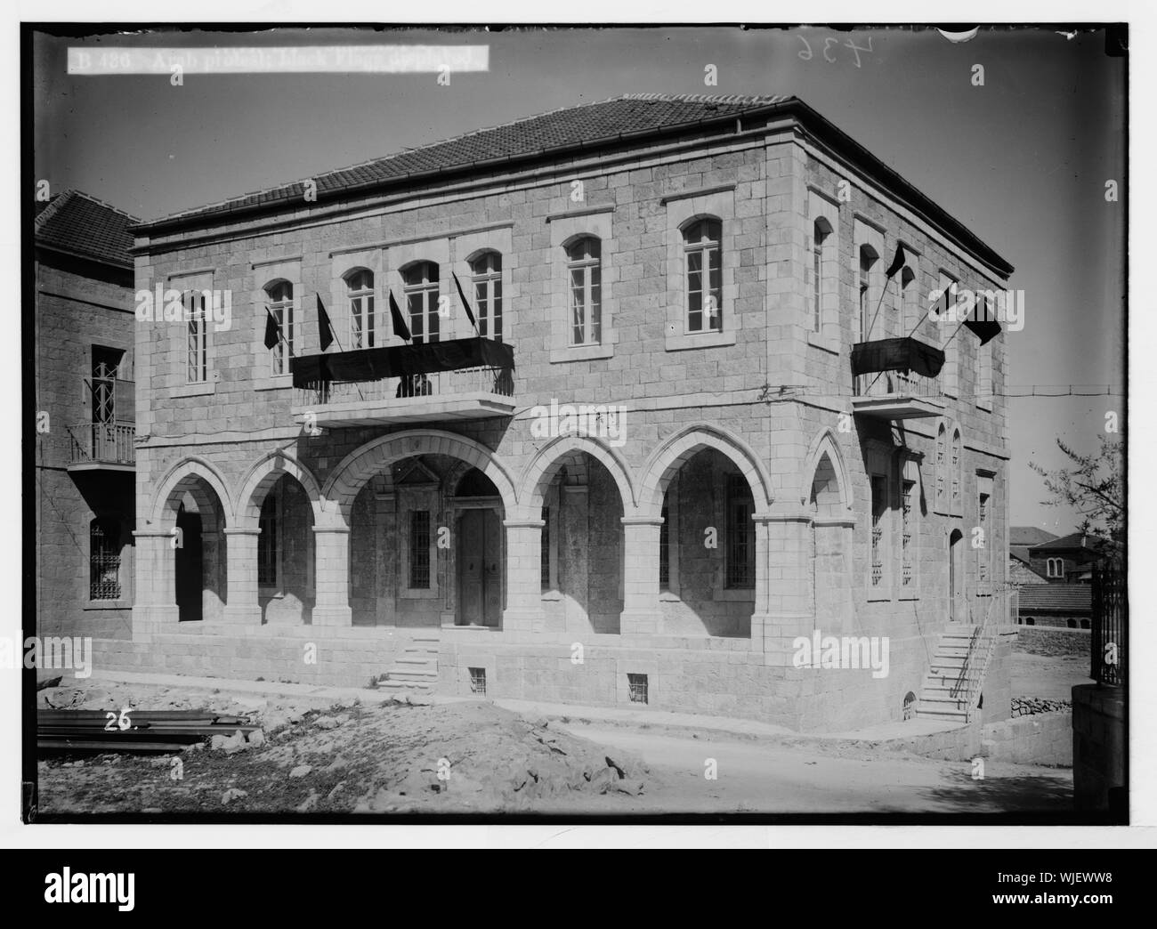 Der hebräischen Universität und Lord Balfour besuchen. Arabische protestieren; schwarze Fahnen angezeigt Stockfoto