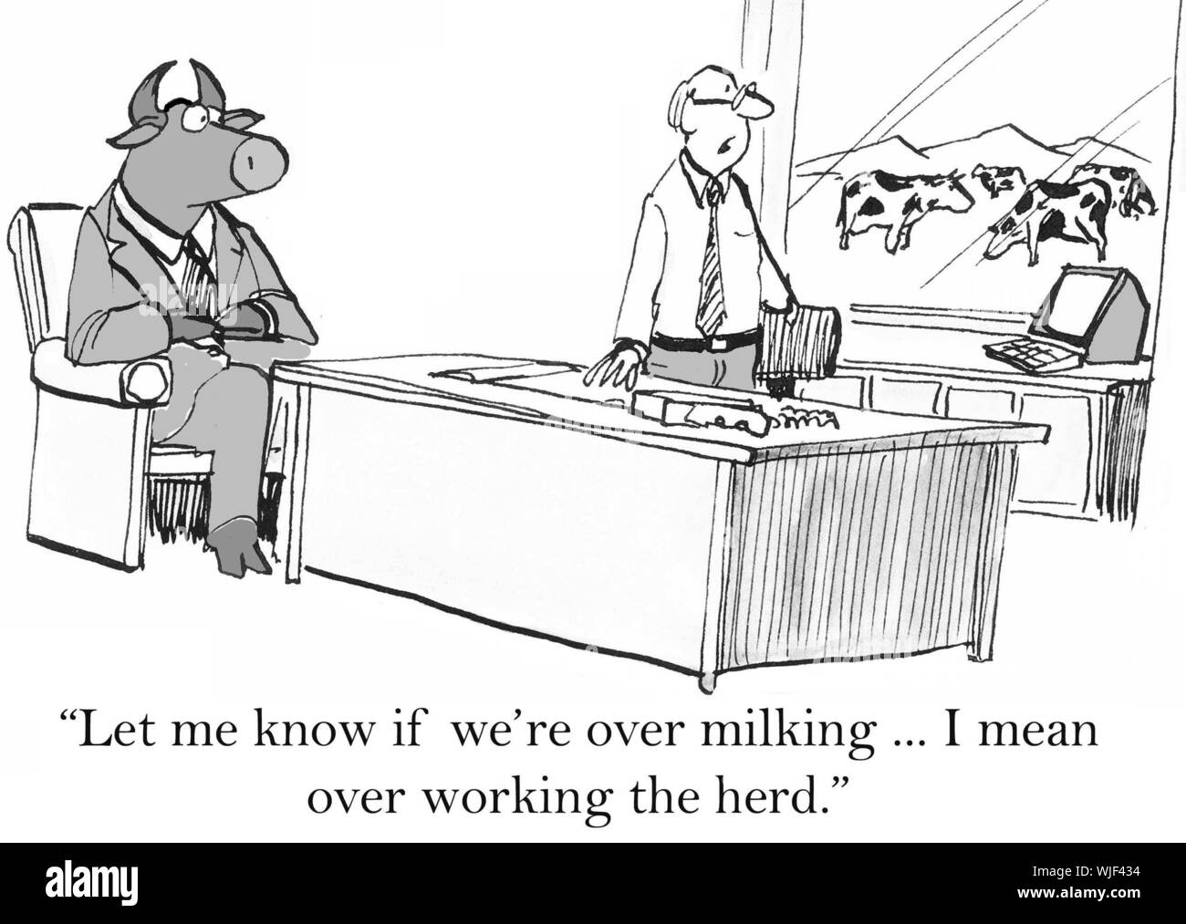 "Lassen Sie es mich wissen, wenn wir über das Melken... Ich meine, in der die Herde". Stockfoto