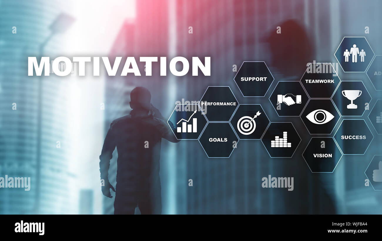 Motivation Konzept mit den Elementen. Business Team. Finanzkonzept auf verschwommenen Hintergrund. Mixed Media. Stockfoto