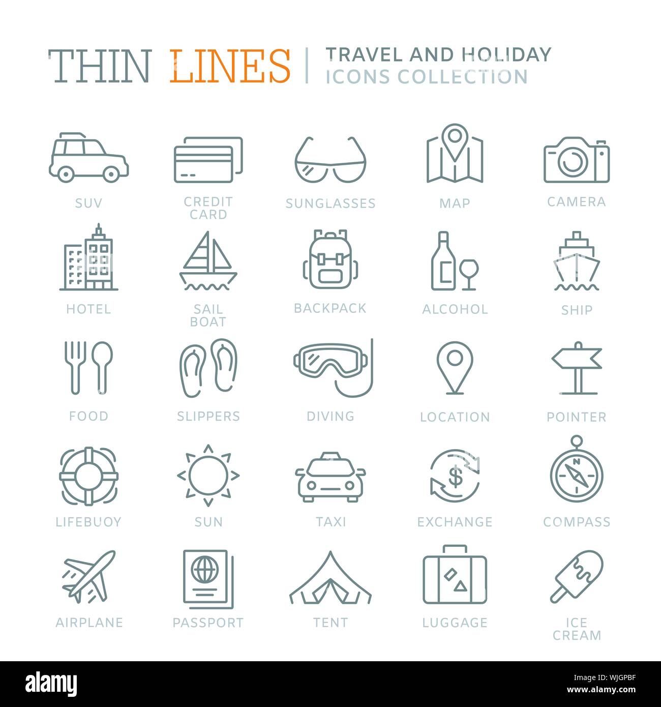 Sammlung von Reisen und Urlaub dünne Zeile für Symbole Stock Vektor