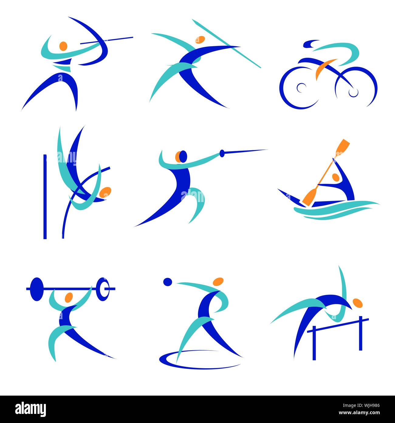 Olympischen Sportarten Symbole. Satz von neun bunten sport Symbole. Auf weissem Hintergrund. Vektor zur Verfügung. Stock Vektor
