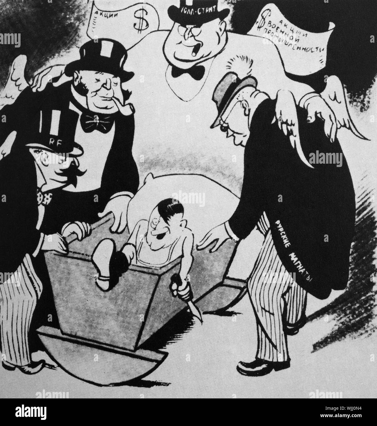 Eine sowjetische Russische Cartoon von 1936 zeigt den westlichen Kapitalisten als Hüter der Deutschen Bundeskanzler, Adolf Hitler. Die generelle Kritik, die mit der Unterzeichnung des Molotow-Ribbentrop Pakt, auch als die NS-sowjetischen Pakt, der deutsch-sowjetische Nichtangriffspakt oder der NS-deutsch-sowjetischen Pakt der Aggression bekannt, war eine Neutralität Pakt zwischen dem nationalsozialistischen Deutschland und der Sowjetunion in Moskau am 23. August 1939 von Außenminister Joachim von Ribbentrop und Wjatscheslaw Molotow unterzeichnet. Stockfoto