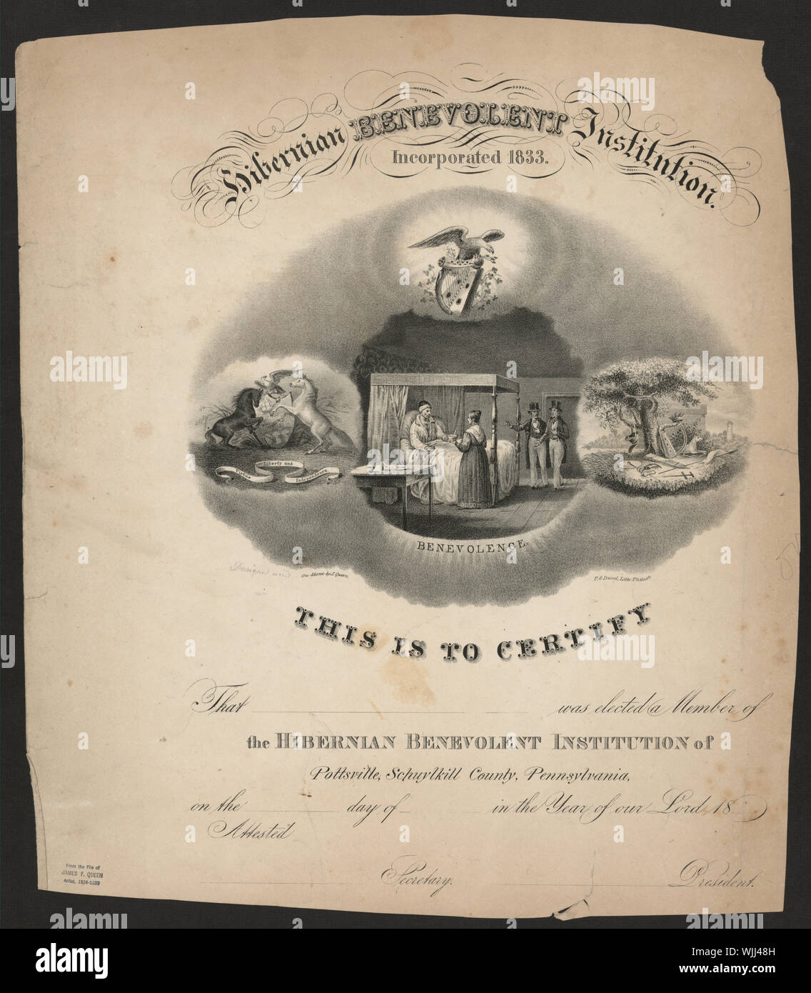 Hibernian wohltätige Institution, Incorporated 1833/Design und auf Stein von J. Königin; P.S.: Duval Lith. Philada. Stockfoto