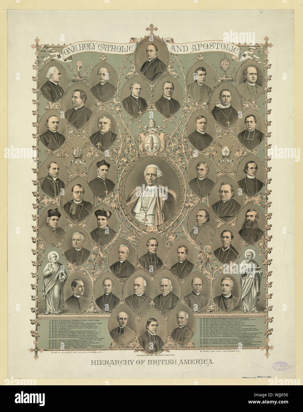37 Porträts von Bischöfen und anderen hochrangigen Persönlichkeiten in der Römisch-katholischen Kirche von Kanada und die britischen Besitzungen in der Karibik von 1886, die einen größeren Portrait von Papst Leo XIII. Hierarchie der Amerika Stockfoto