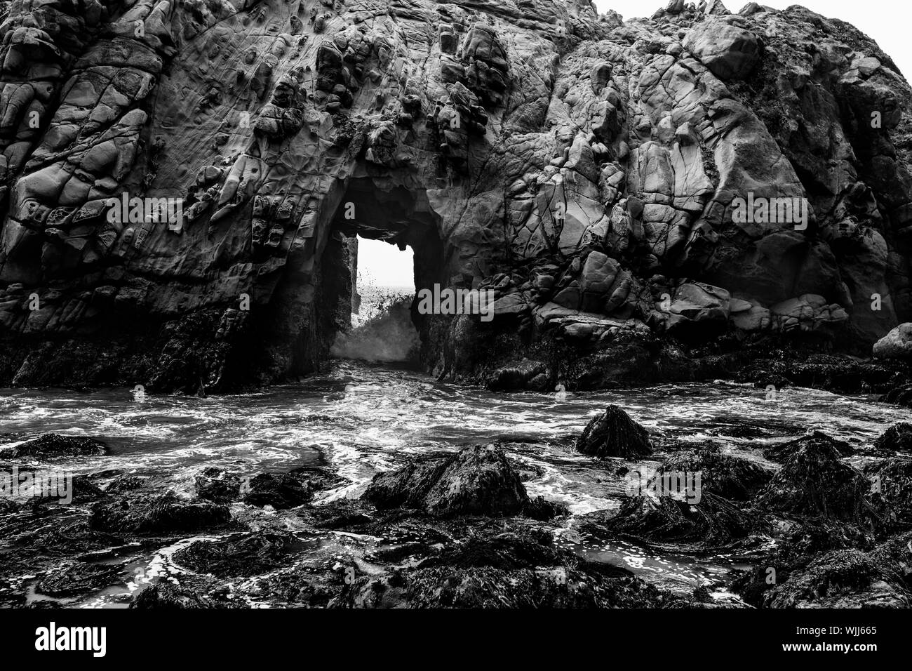 California Beach der Pfeiffer Big Sur State Park dramatischen schwarzen und weißen Felsen und Wellen Stockfoto