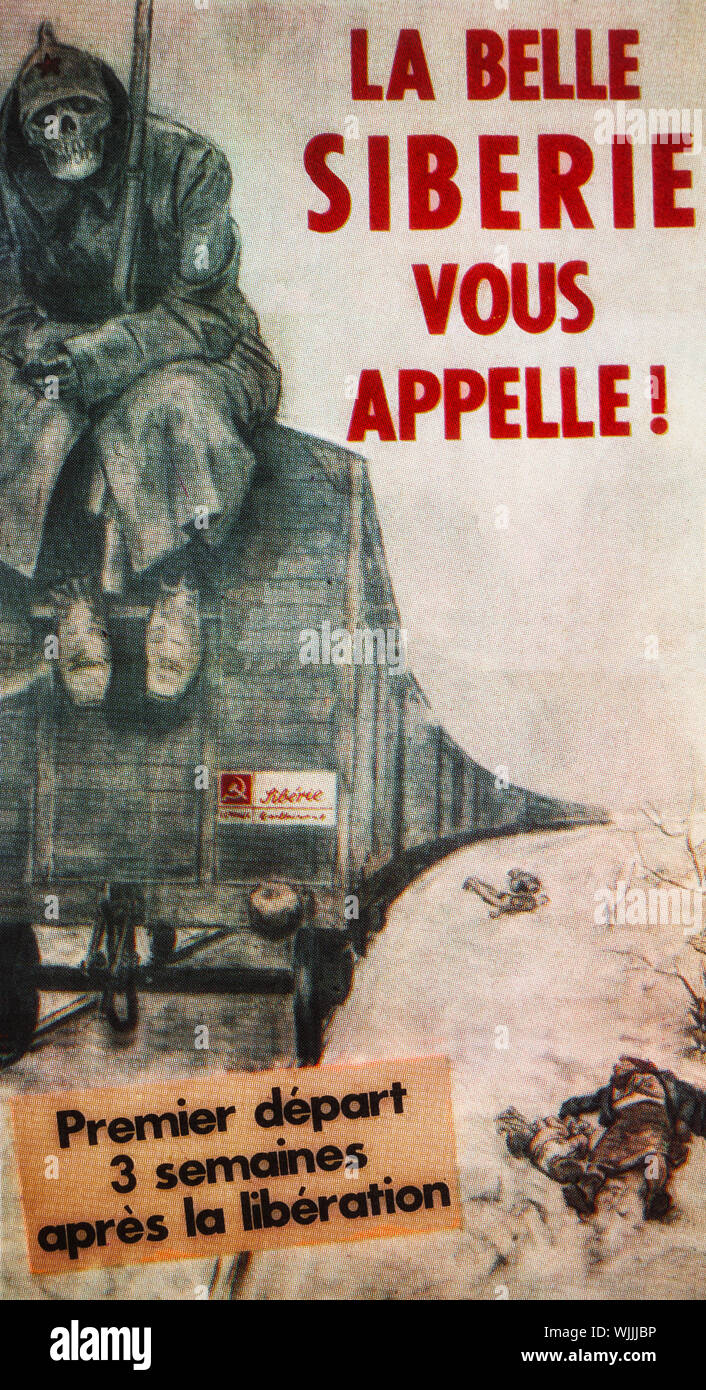 "Zum schönen Sibirien", einem frühen Zweiten Weltkrieg NS-Poster in Belgien produziert, in der Alliierten Befreiung wurde mit Terror, Deportation und Tod in den Händen der Bolschewiki gleichgesetzt. Stockfoto
