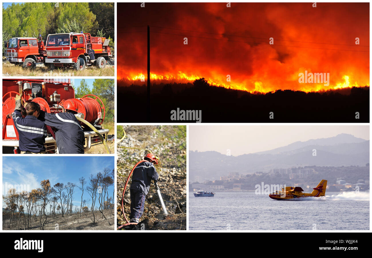zusammengesetztes Bild auf die Feuerwehrmänner in Aktion und Feuer Stockfoto