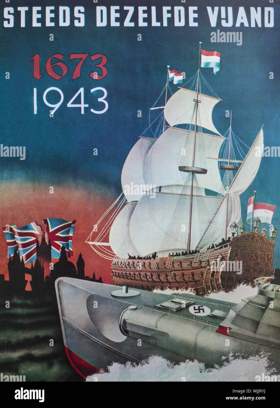 Ein deutscher Weltkrieg zwei propagandaplakat im Jahr 1943 für die besetzten Niederlanden entwickelt mit einem Deutschen Motor torpedo Boot und einem niederländischen Man o' War segeln gegen London und Großbritannien. Stockfoto