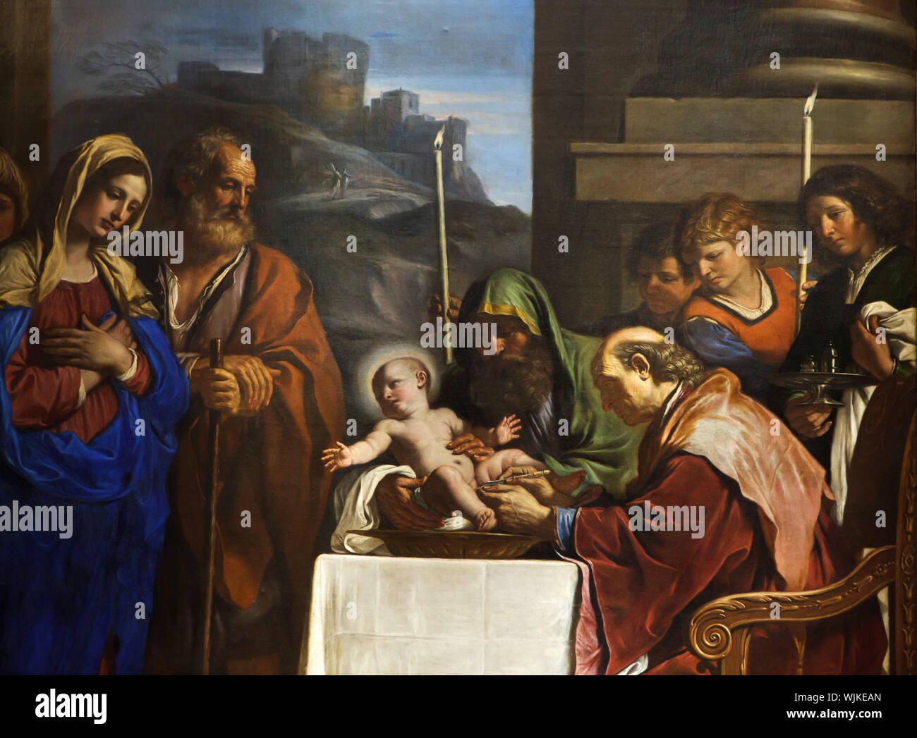 Detail des Gemäldes "Die Beschneidung" von italienischen Barock Maler Giovanni Francesco Barbieri besser bekannt als Guercino (1646) im Museum der Schönen Künste (Musée des Beaux-Arts de Lyon) in Lyon, Frankreich. Stockfoto