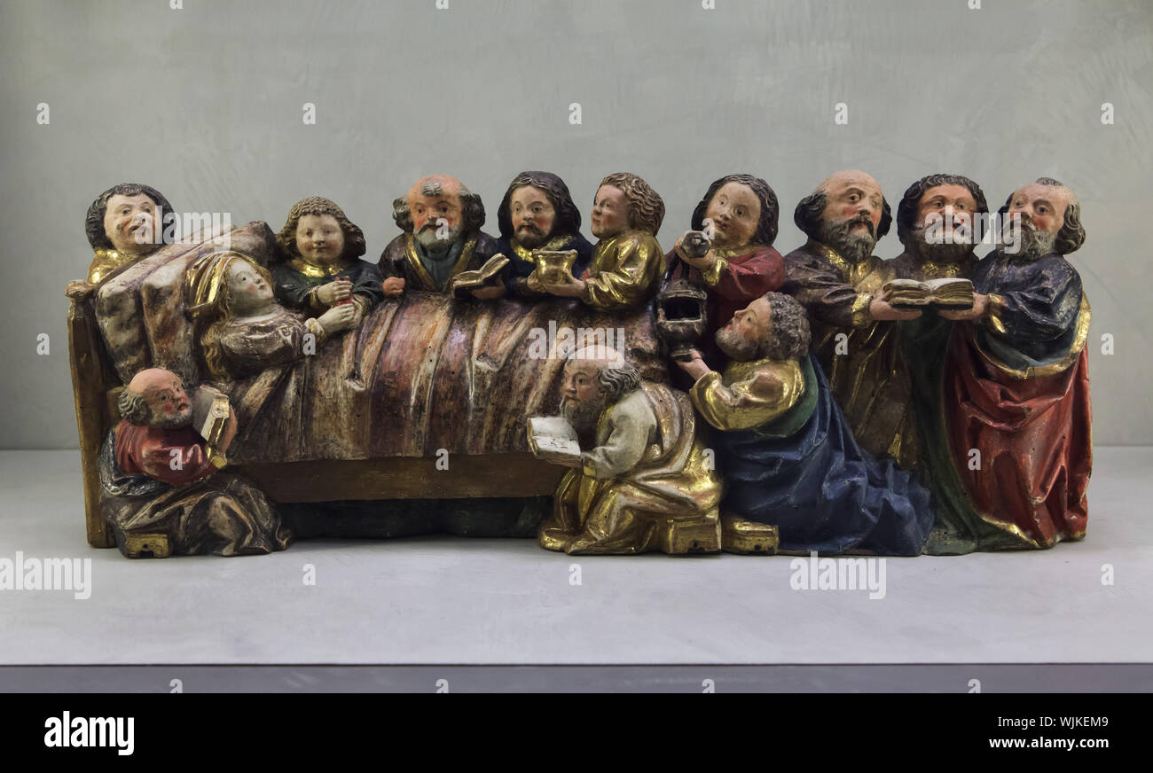 1352 die Jungfrau Maria. Renaissance Holz polychrome Skulptur aus Süddeutschland um 1500 datiert auf Anzeige im Museum der Schönen Künste (Musée des Beaux-Arts de Lyon) in Lyon, Frankreich. Stockfoto