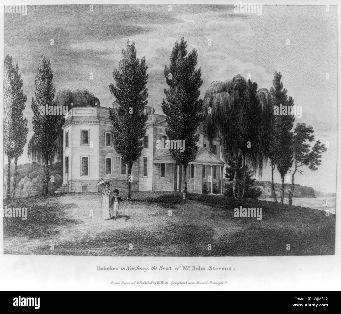 Hoboken in New Jersey, dem Sitz von Herrn John Stevens/gezeichnet, graviert und von W. Birke, Springland in der Nähe von Bristol, Pennsylv" veröffentlicht. Stockfoto