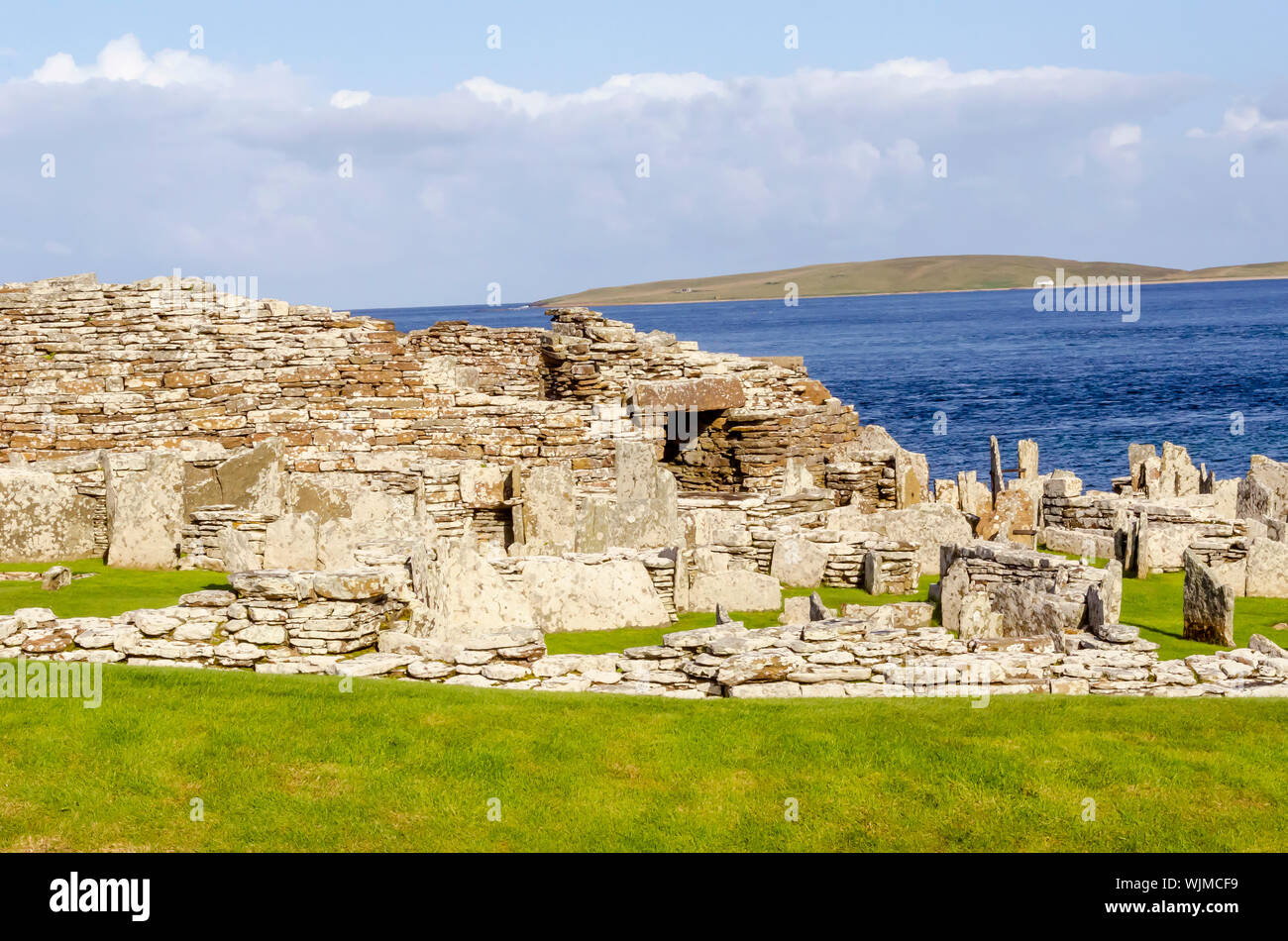 Broch von Gurness Eingang Orkney Inseln, Schottland. Ein broch ist eine abgerundete Eisen Alter Turm einzigartige nach Schottland. Stockfoto