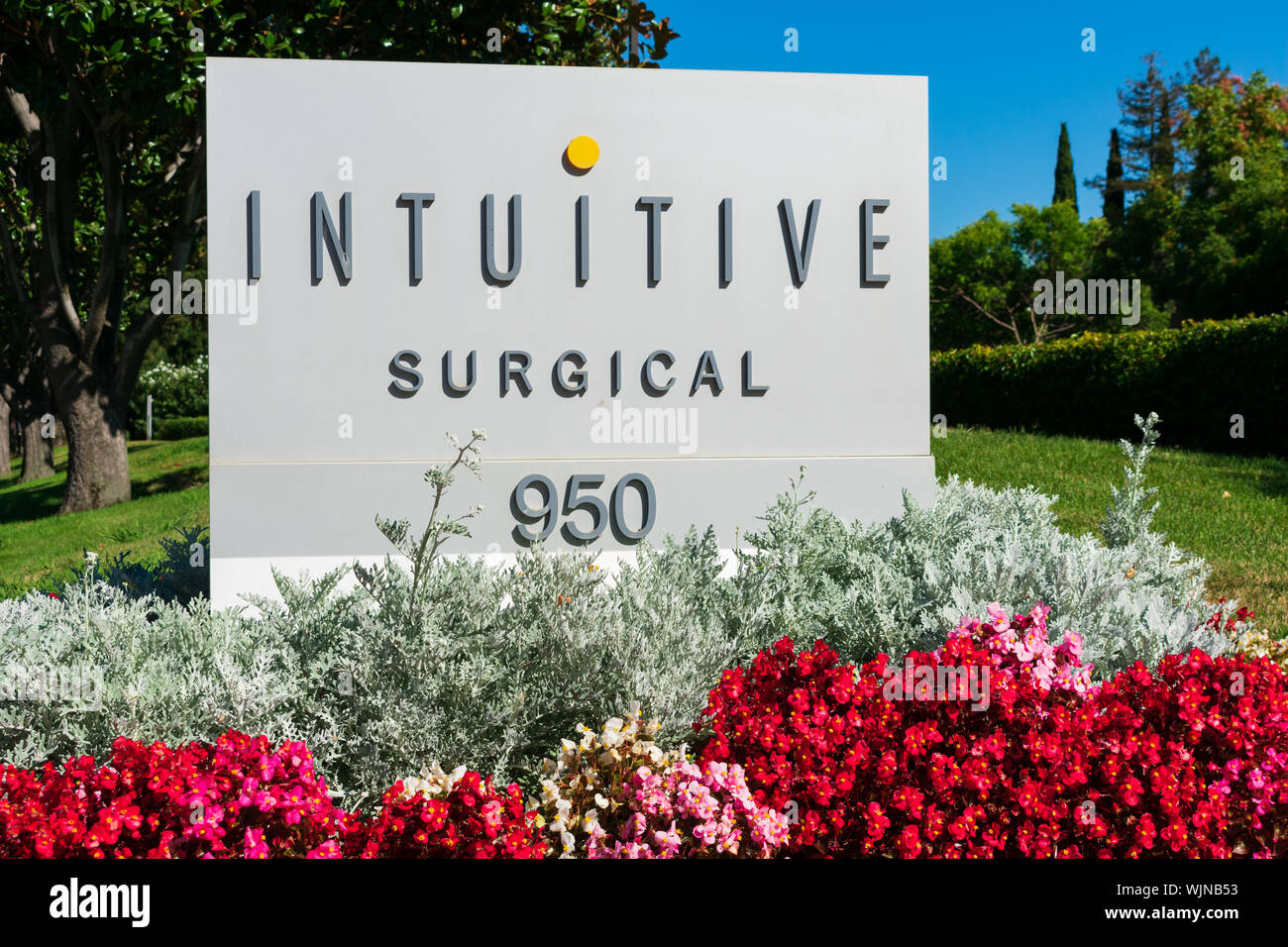 Intuitive Surgical Zeichen am Hauptsitz im Silicon Valley, High-tech Hub der San Francisco Bay Area. Stockfoto
