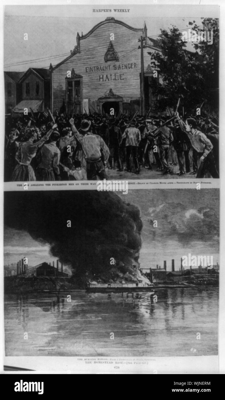 Homestead Steel Strike - 2 Bilder: 1. Die Mob Assailing der Pinkerton Männer auf ihrem Weg ot die temporäre Gefängnis (von Charles Mente gezeichnet); 2. Die Brennende Kähne Stockfoto