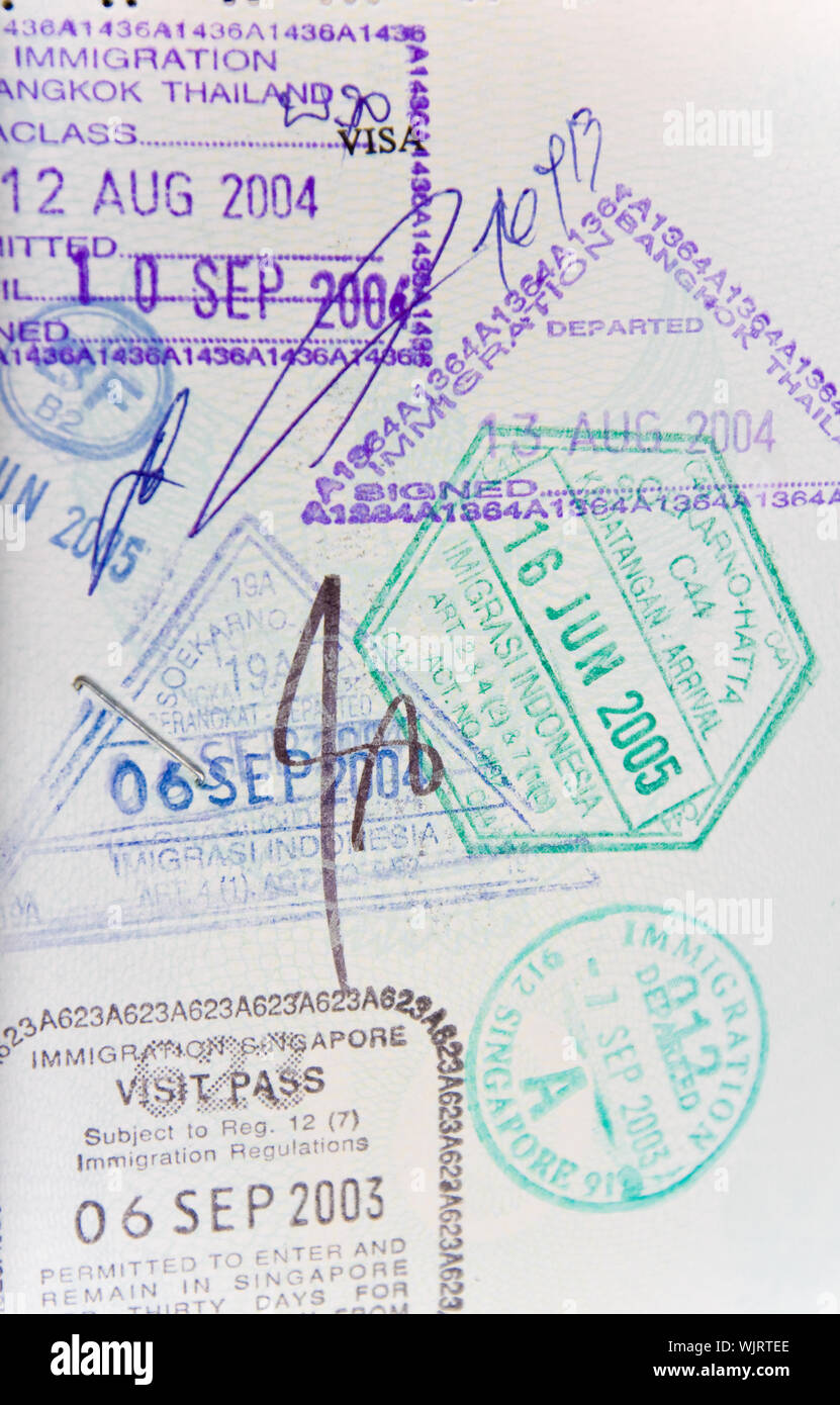 Seite des generischen Passstempel aus Thailand, Indonesien, Singapur Stockfoto