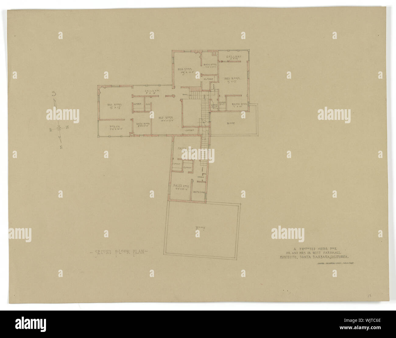 Haus für Herrn und Frau De Witt Parshall, Montecito, Santa Barbara, Kalifornien. Zweite Etage plan/James Osborne Craig, Architekt Stockfoto